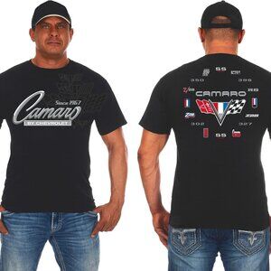 JH Design Men's Chevy Camaro Collage T-Shirt Short Sleeve Black Crew Neck Shirt